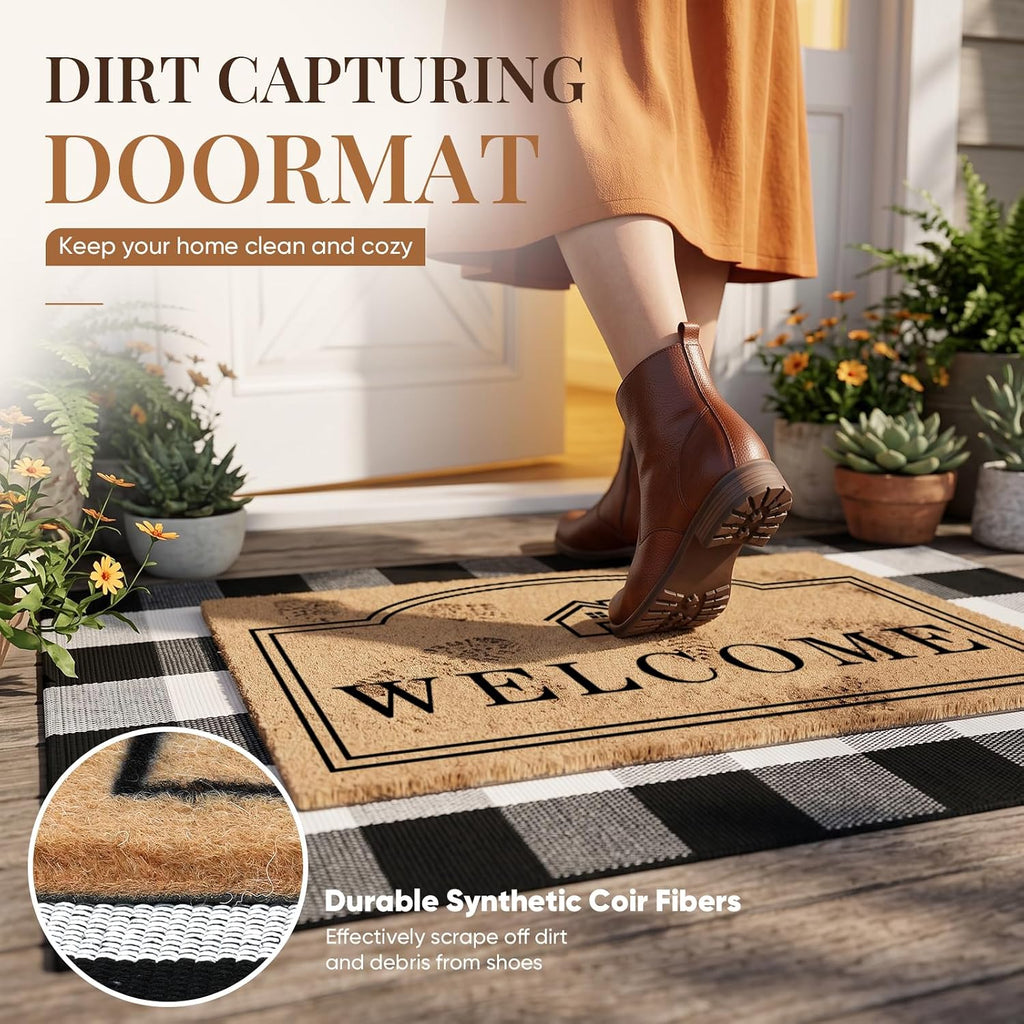 2 Pcs Layered Coir Front DoorMat Set, 0.6" Extra Thick & Non Slip Backing