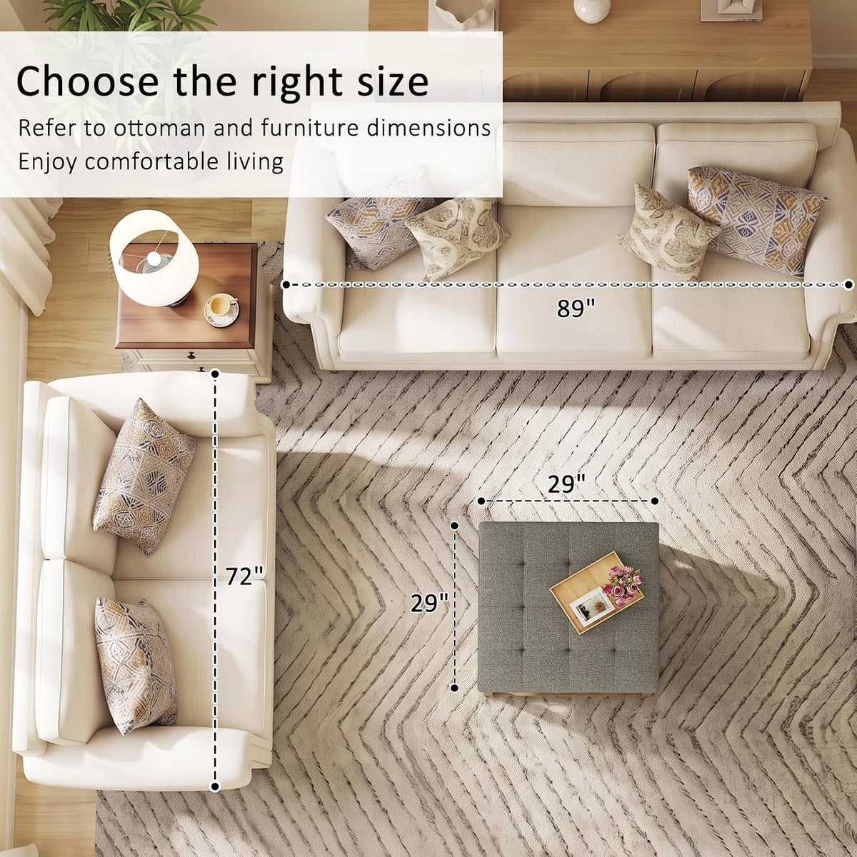 Befurtori Large Square Ottoman Coffee Table, Linen Solid Upholstered Footrest Ottoman with Solid Wood Shelf Storage Tufted Coffee Table for Bedroom Living Room, Granite