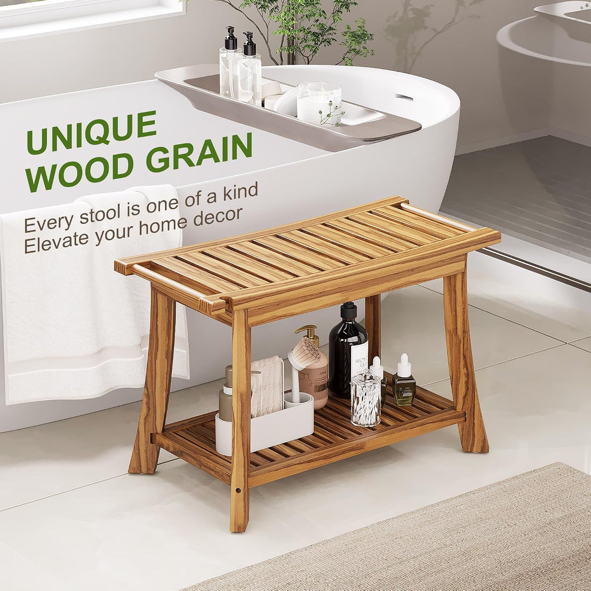 24" Teak Shower Bench with Handles & Towel Shelf
