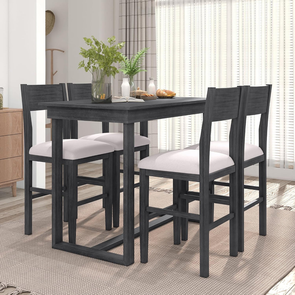 LUMISOL Small Breakfast Table Set for 4, 5-Piece Kitchen Table Set with Upholstered Bar Stools, Modern Style Wooden Table Set, Easy Assembly, Gray