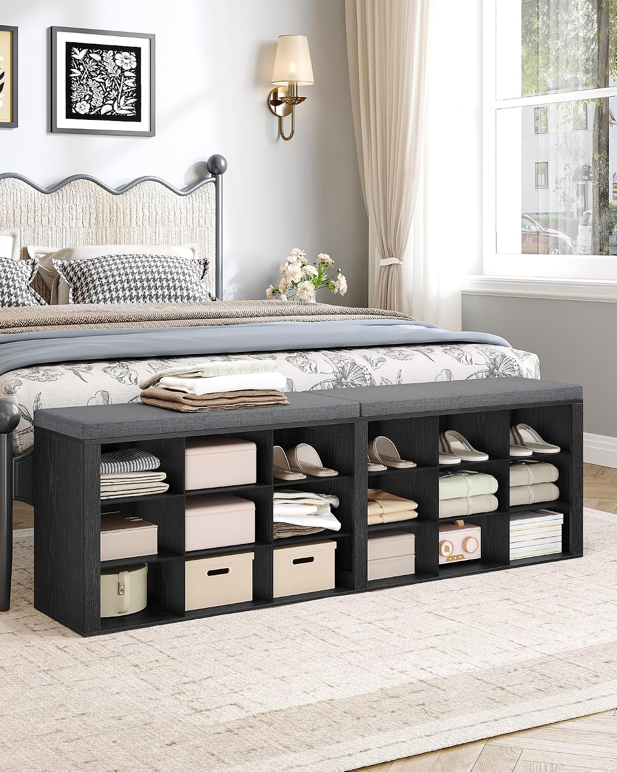 Hzuaneri Shoe Storage Bench with Cushion, Storage Bench with 18 Cubbies