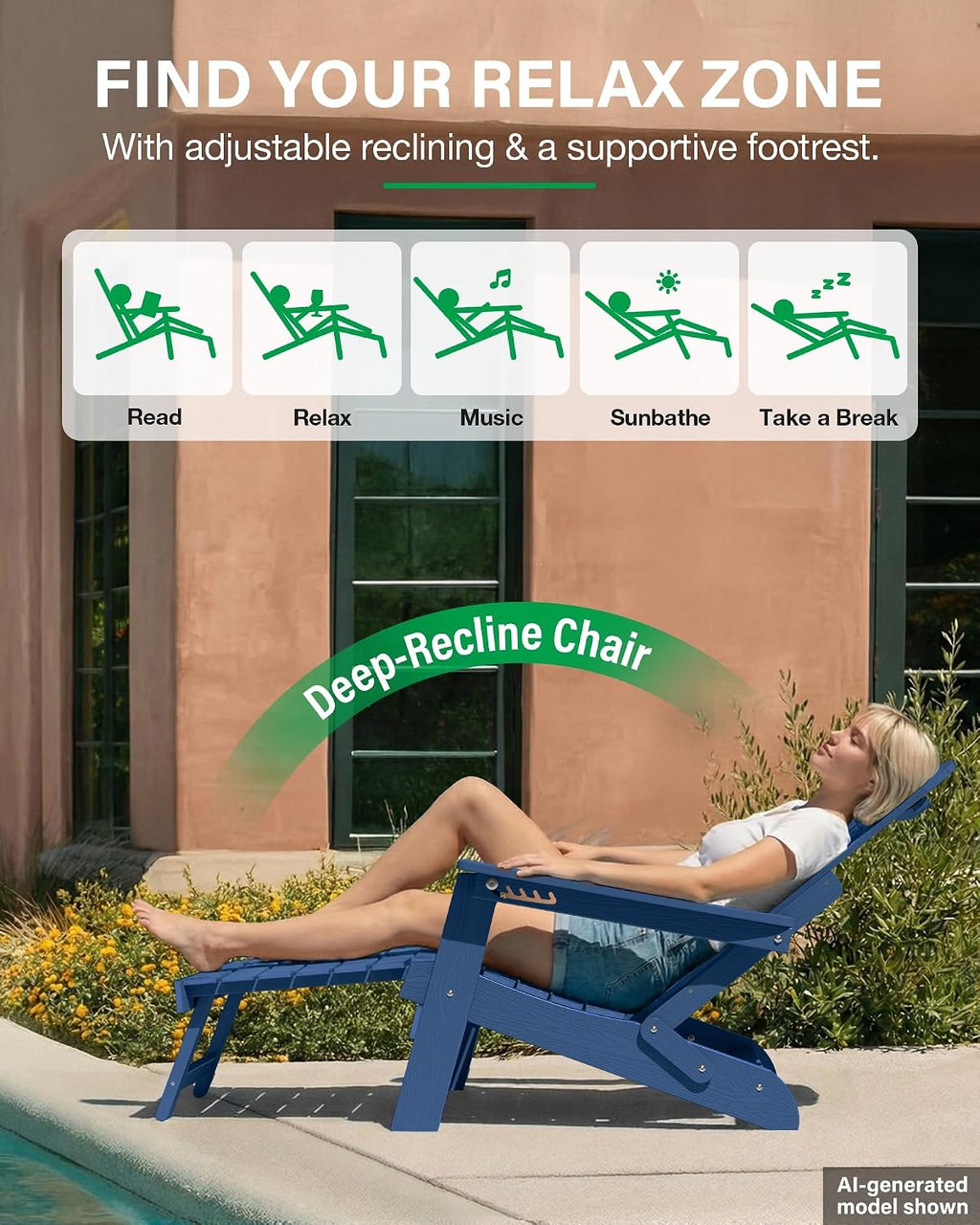 YEFU Adjustable Adirondack Chair with Footrest,All-Weather, Set of 4,Navy
