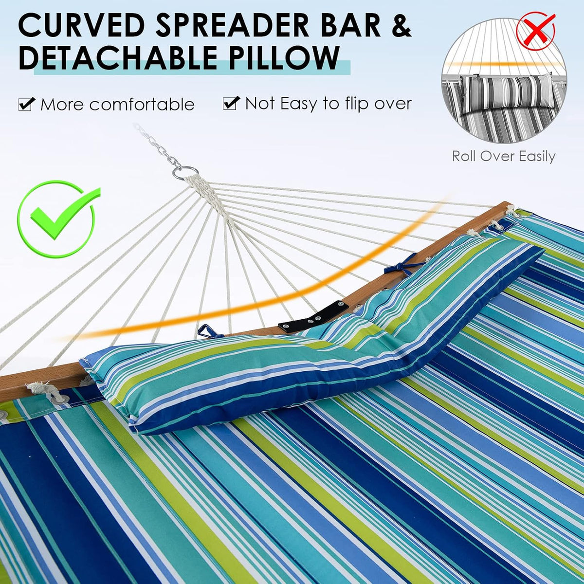 Tangkula 10.5FT Heavy Duty Double Hammock w/Detachable Pillow (Blue+Green)