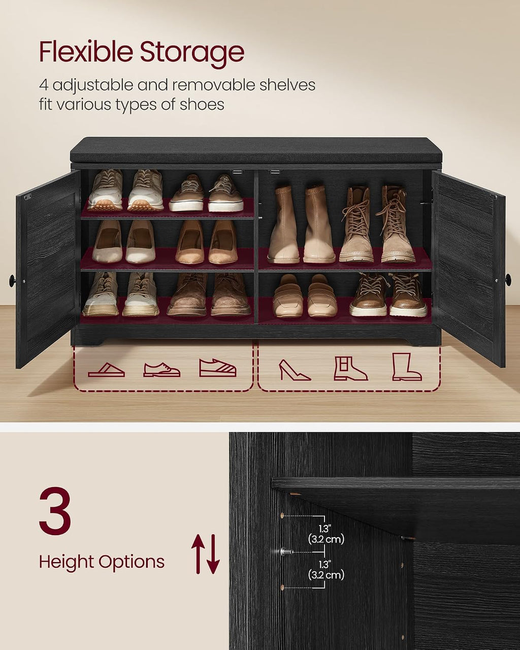 vasagle 3-tier shoe storage bench with cushion, 14, side view