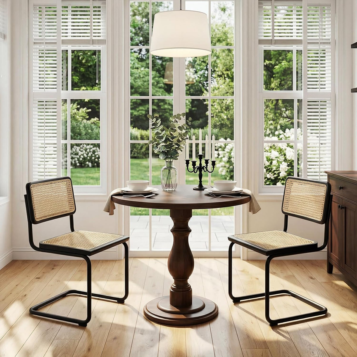 Flouki Rattan Dining Chairs Set of 4, Boho Accent Chairs for Kitchen Room with Natural Cane Mesh, Mid Century Cantilever Design, Solid Rubber Wood