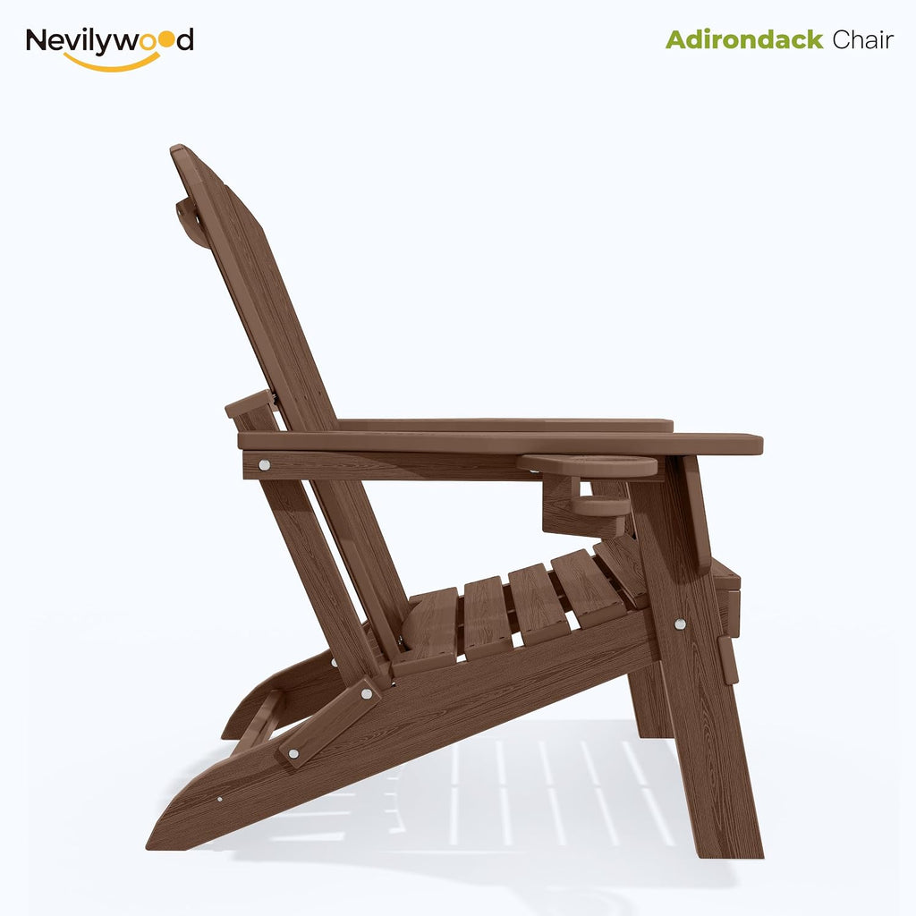 nevilywood Folding Adirondack Chairs Set of 2, HDPE Cup Holders, Coffee