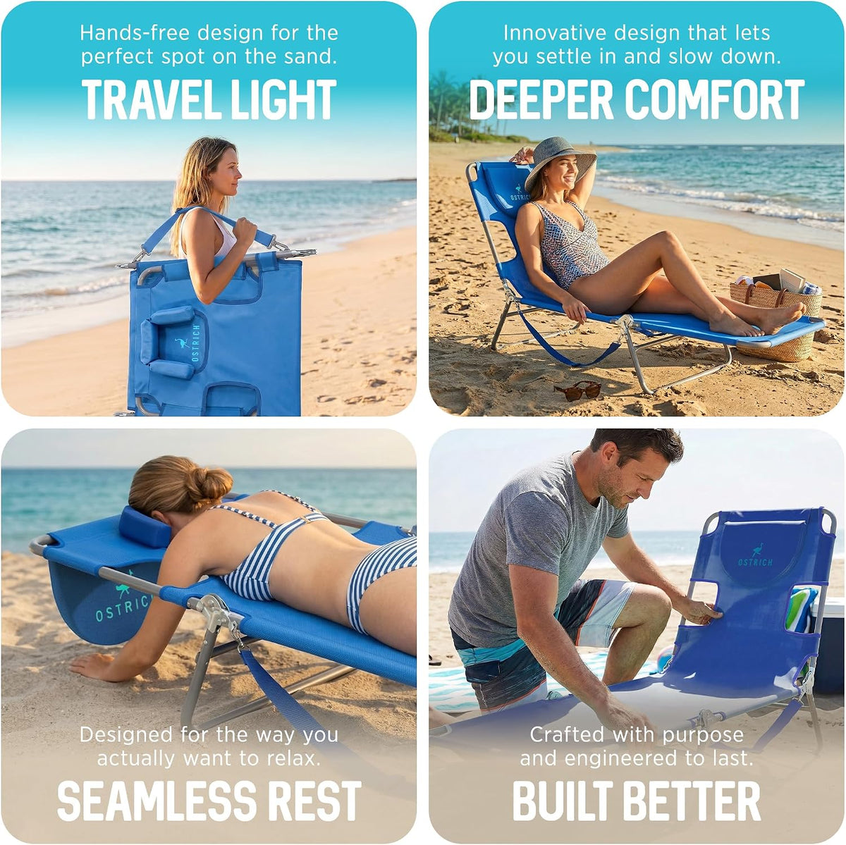 Ostrich The Original Chaise Lounge 72"x22" Portable Reclining Lounger, Blue