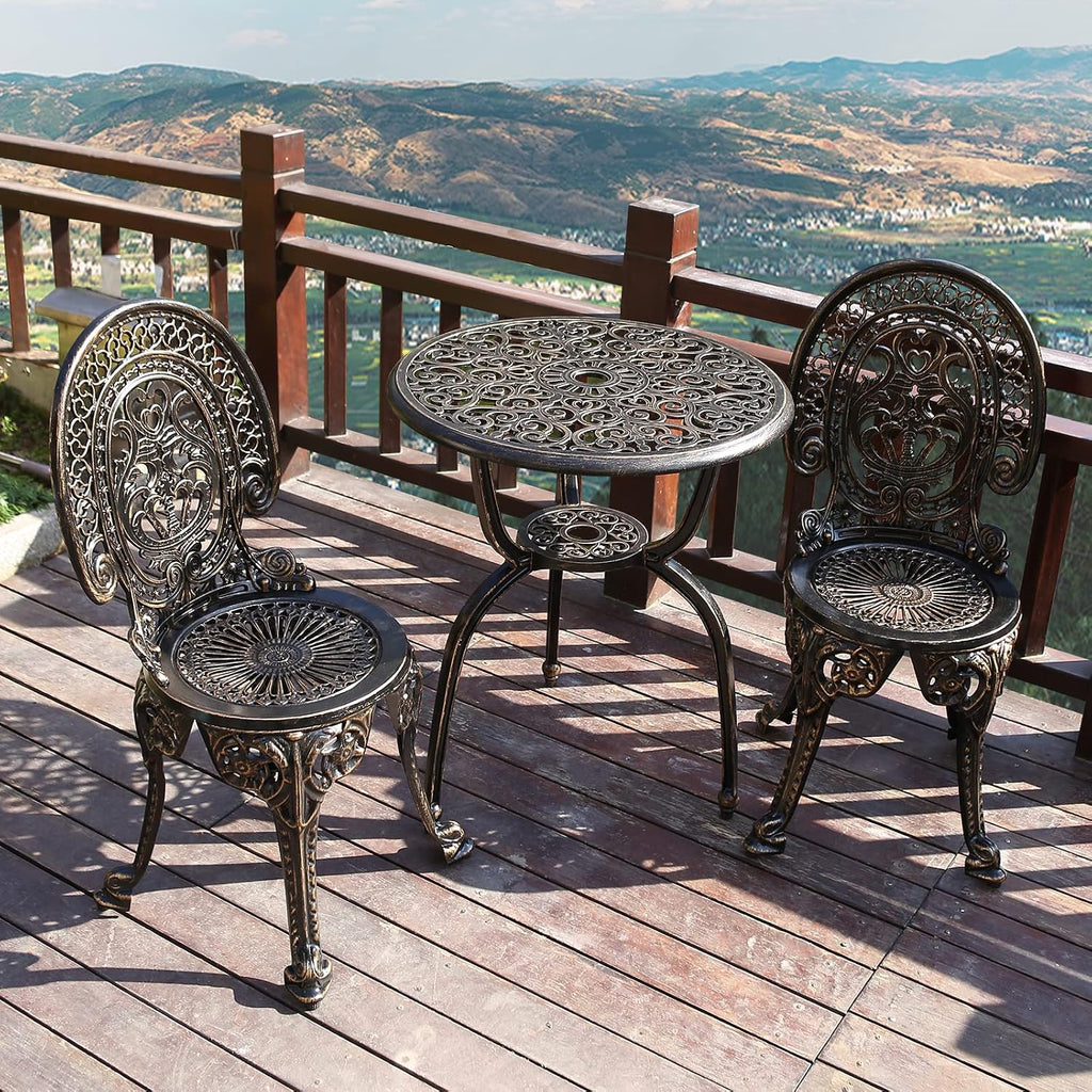YKSY&YKSY Patio Bistro Set.Rust-Resistant Cast Aluminum Bistro Table Set with Umbrella Hole for Backyard (Crown Copper)