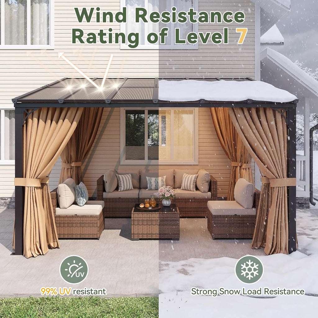 Aoxun 12'x10' Lean to Gazebo, Pergola with Mosquito Net and Curtains, Brown