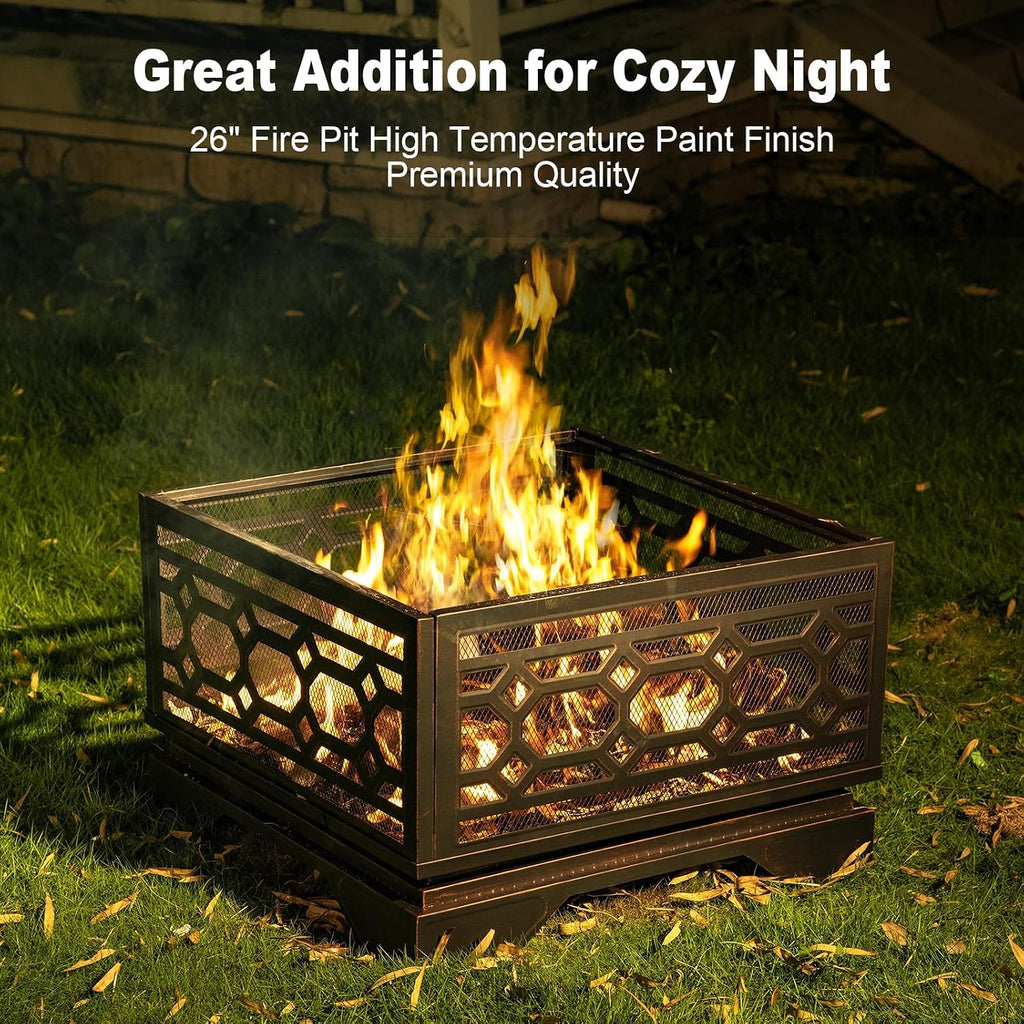 26 Inch Outdoor Fire Pit, Wood Burning Outside Fireplace with Mesh Cover