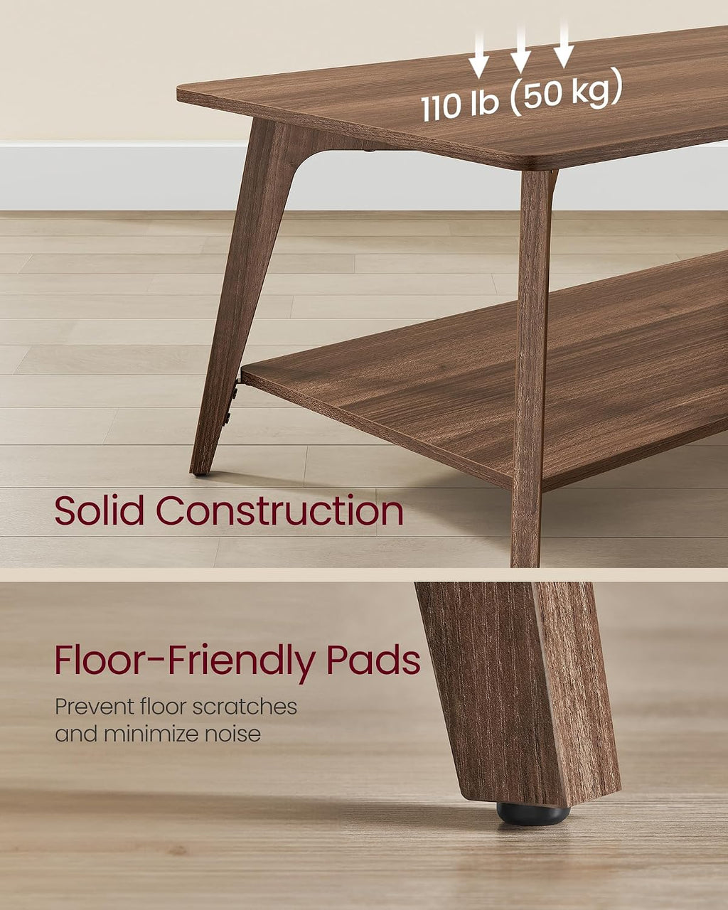 VASAGLE Coffee Table, 2-Tier Center Table with Storage, Tapered Legs