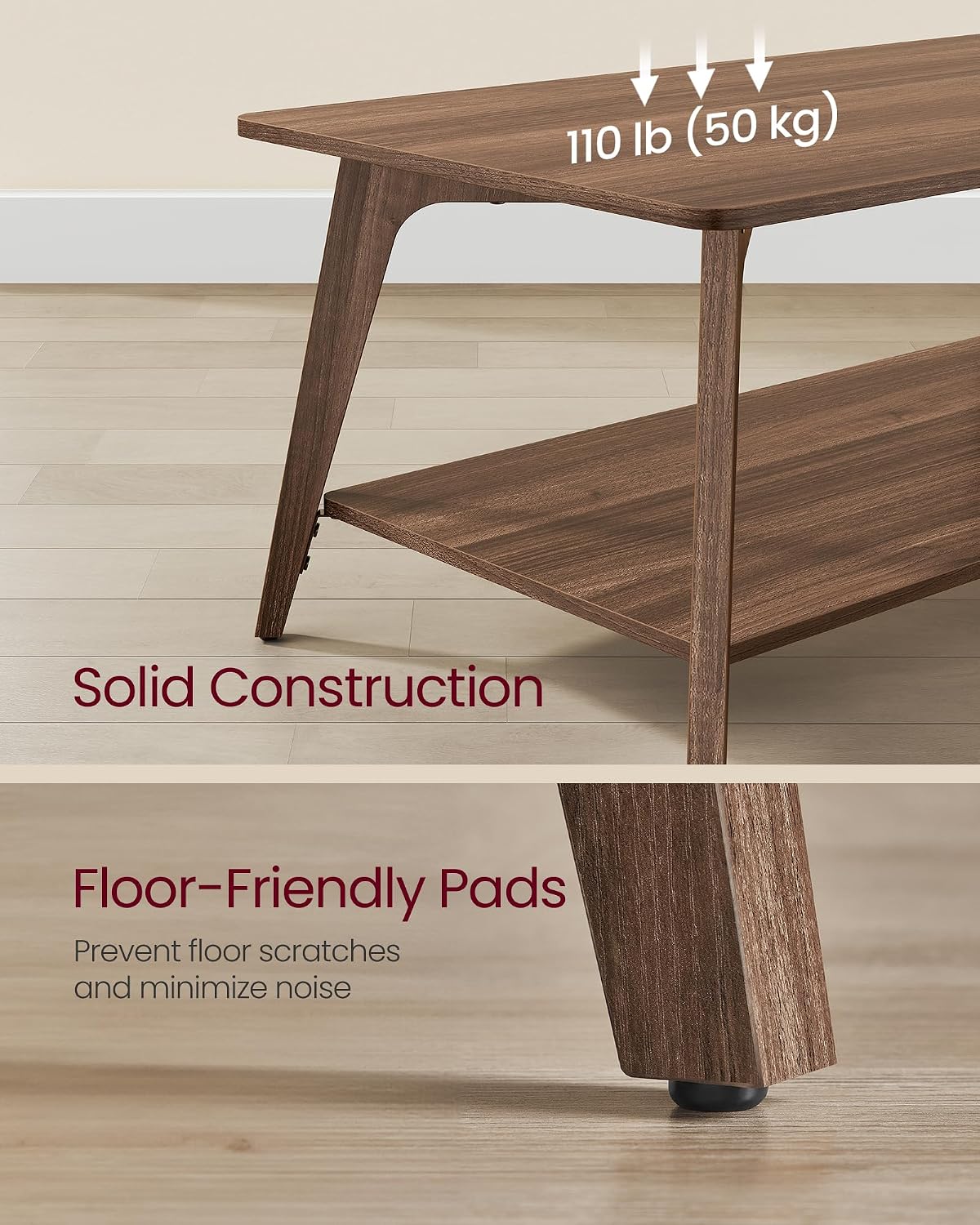 VASAGLE Coffee Table, 2-Tier Center Table with Storage, Tapered Legs