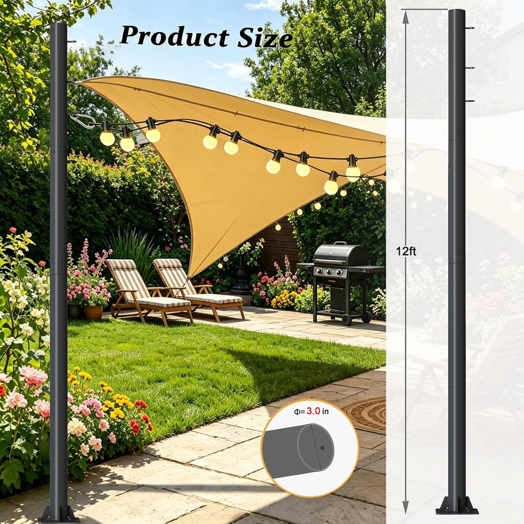 12ft Sun Shade Sail Pole - 3" Diameter Thickened Metal Rust Proof Outdoor Post Heavy Duty Steel Metal Pole Kit for Support Light String,Sunshade Sail,Canopy,Garden,Ground,Backyard