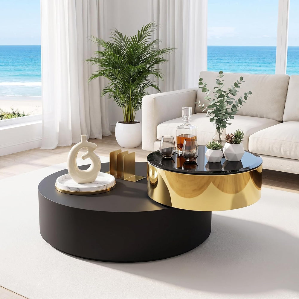 Asday Black Gold Round Swivel Coffee Table, 2 Tiers Rotating Center Table