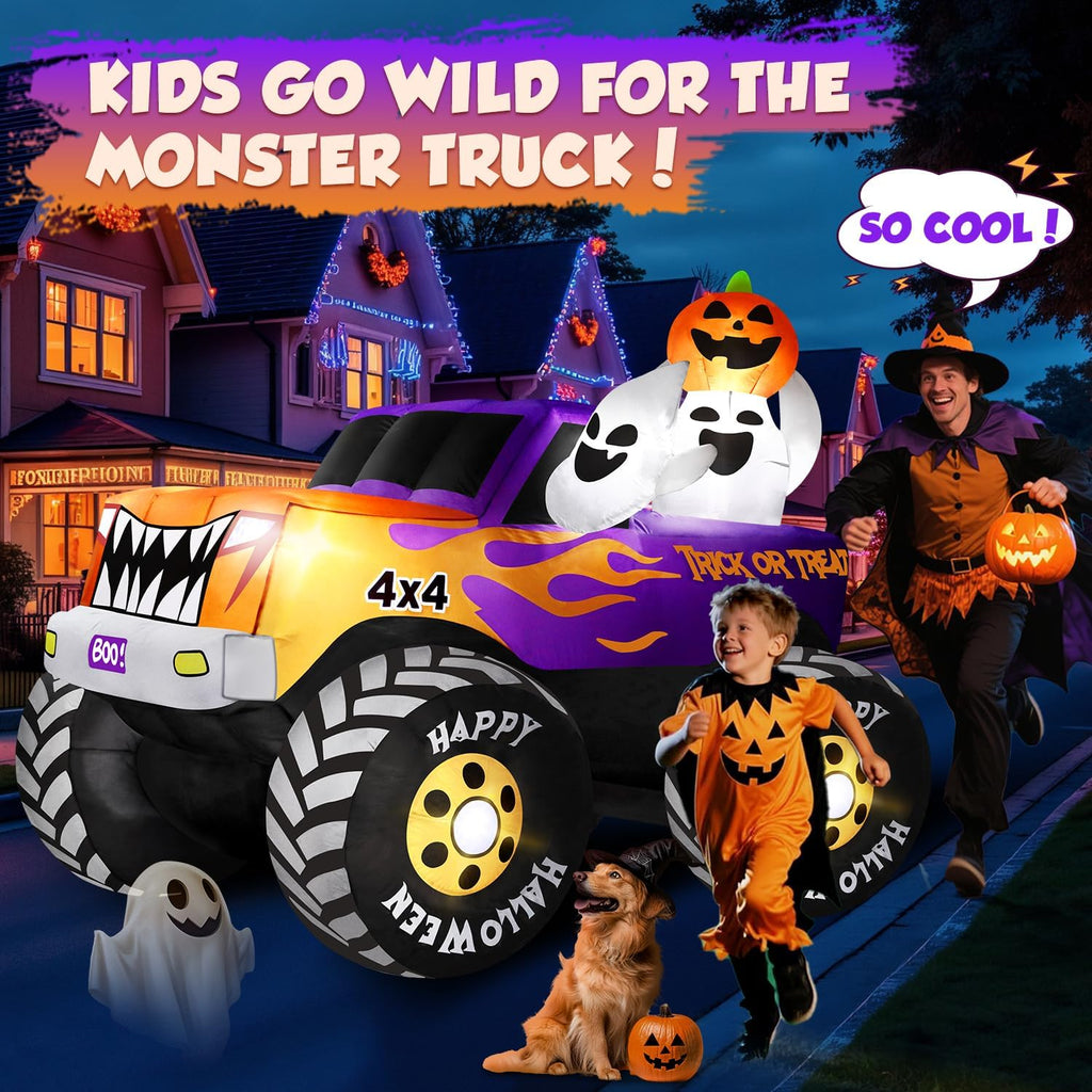 zukakii 8FT Long Halloween Inflatables Decoration Outdoor Monster Truck Car with Ghosts & Pumpkin, Giant Halloween Blow Up Yard Decorations Huge Blowups Built-in LED Light Strong Blower for Festival
