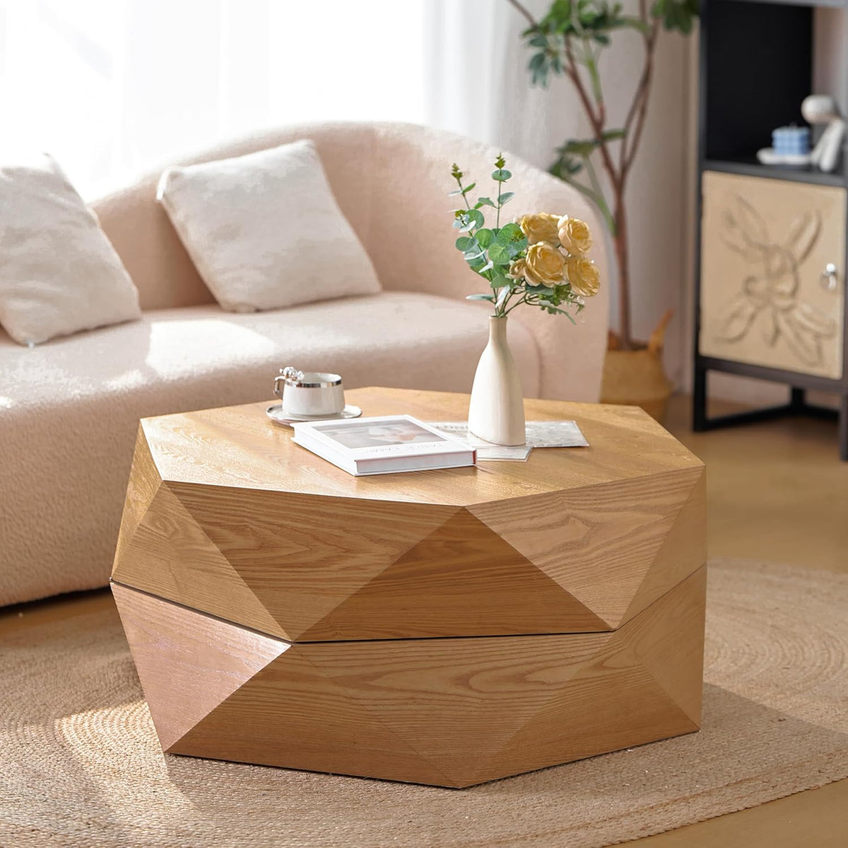 36.61" Modern Drum Coffee Table with Hidden Storage, Farmhouse Coffee Table, Retro Round Coffee Table for Living Room, Office, Nature