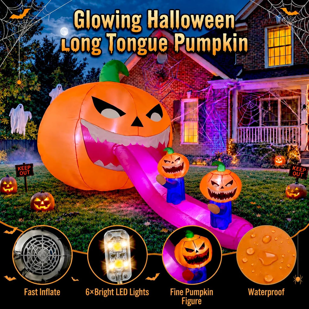 9FT Halloween Inflatables Pumpkin Outdoor Decorations, Blow Up Inflatable Giant Pumpkin Monster with Long Tongue and LEDs for Yard, Lawn, Garden, Porch and Party Deco
