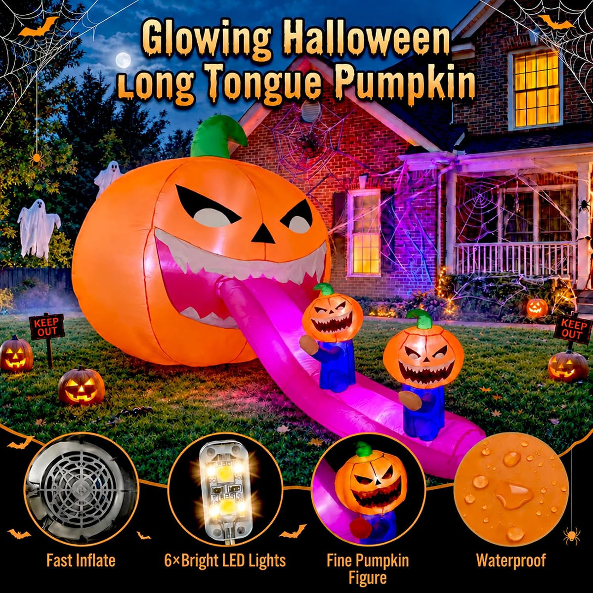 9FT Halloween Inflatables Pumpkin Outdoor Decorations, Blow Up Inflatable Giant Pumpkin Monster with Long Tongue and LEDs for Yard, Lawn, Garden, Porch and Party Deco
