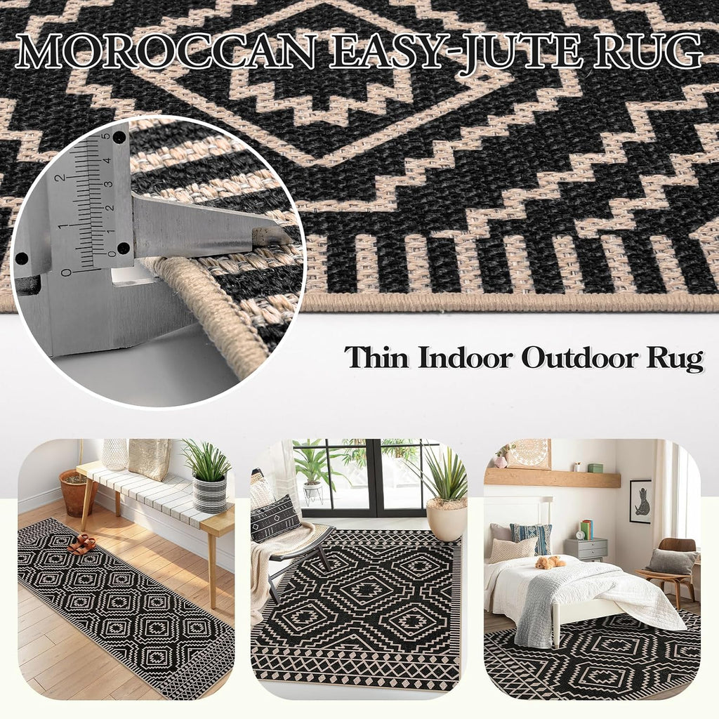 Lahome Moroccan Black Outdoor Rug, 3x5 Easy Jute Washable Entryway Rug