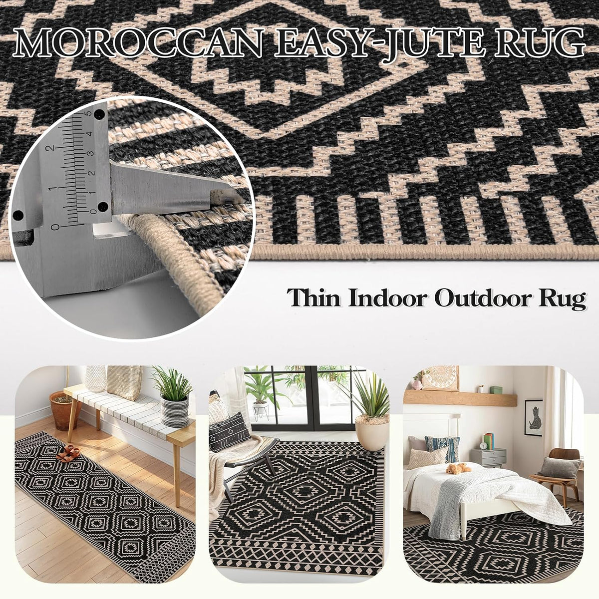 Lahome Moroccan Black Outdoor Rug, 3x5 Easy Jute Washable Entryway Rug
