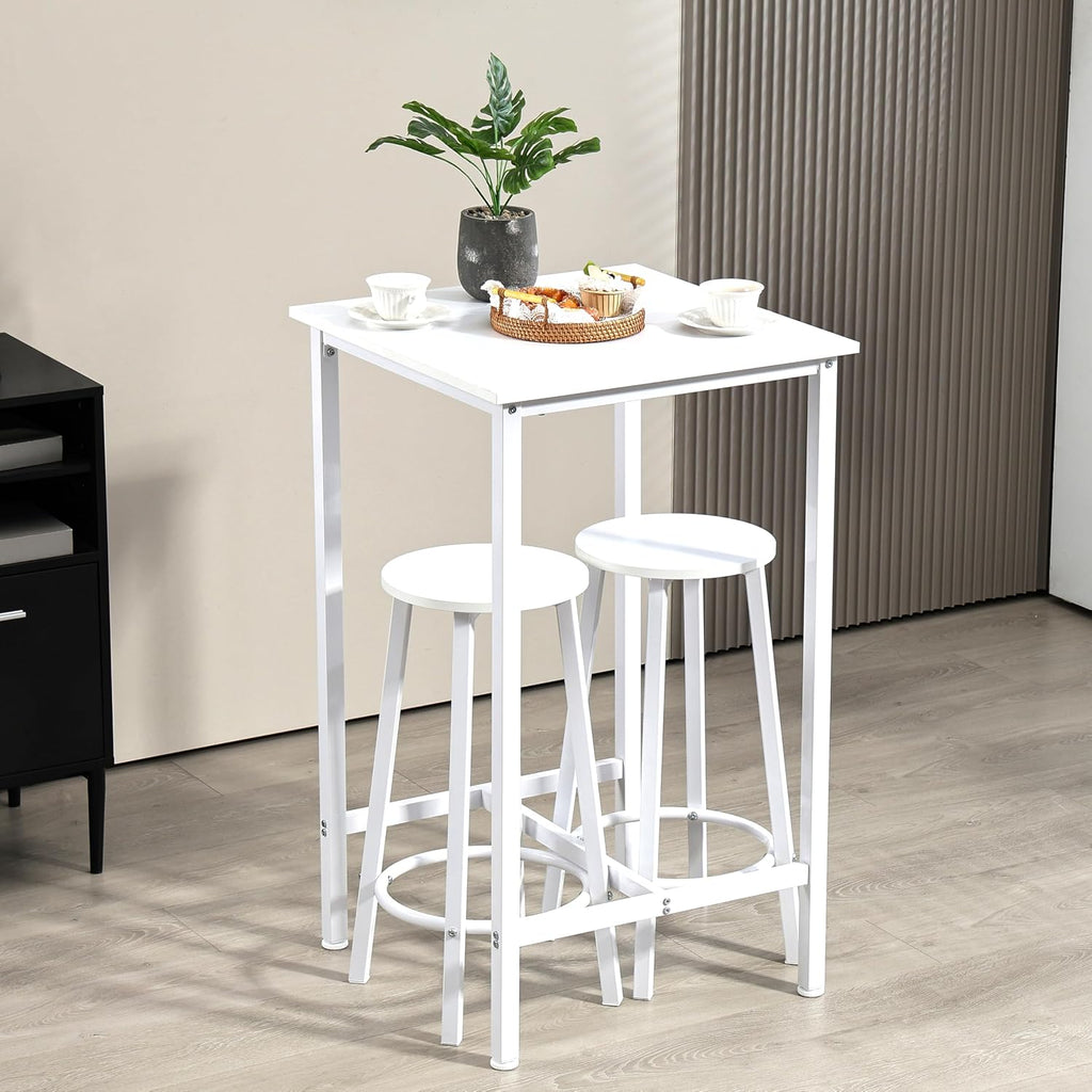 Finnhomy Bar Table Set, 23.6" Pub Table High Top Table, Square Bar Height Table, Bar Table with Stools, Kitchen Table Set for 2, Industrial Breakfast for Kitchen, Living Room, White