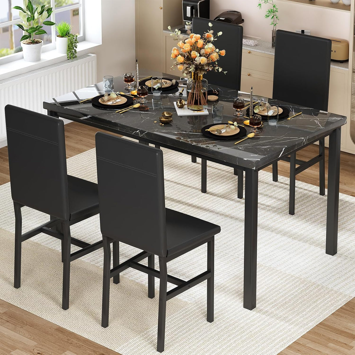 Hooseng Dining Table Set for 4, Modern Faux Marble Kitchen Table with 4 PU Leather Chairs, 5 Piece Dining Room Sets for Dinette, Breakfast Nook, Black (Set of 4)