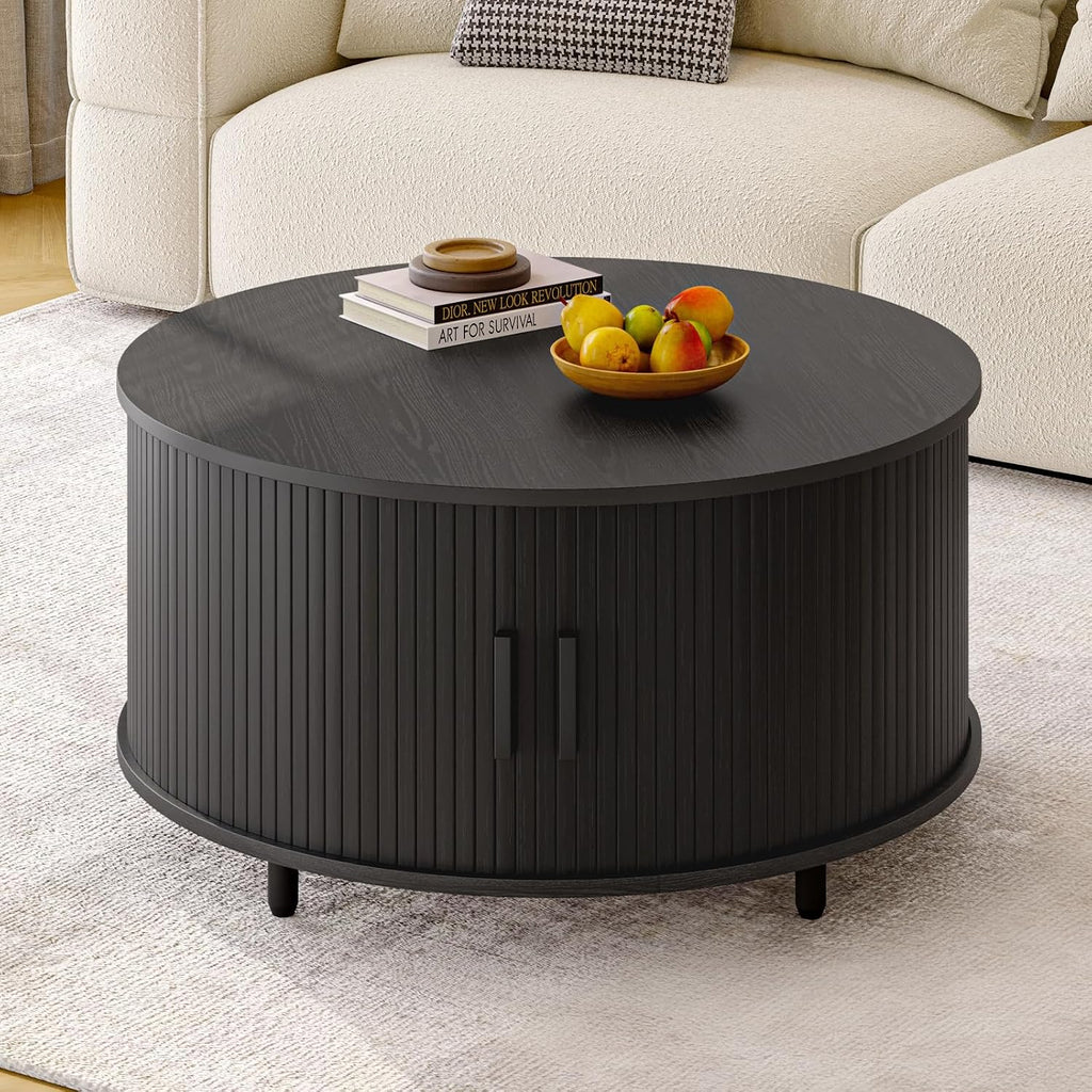 ONBRILL 31.5" Round Coffee Table with Storage Adjustable Footpads, Black
