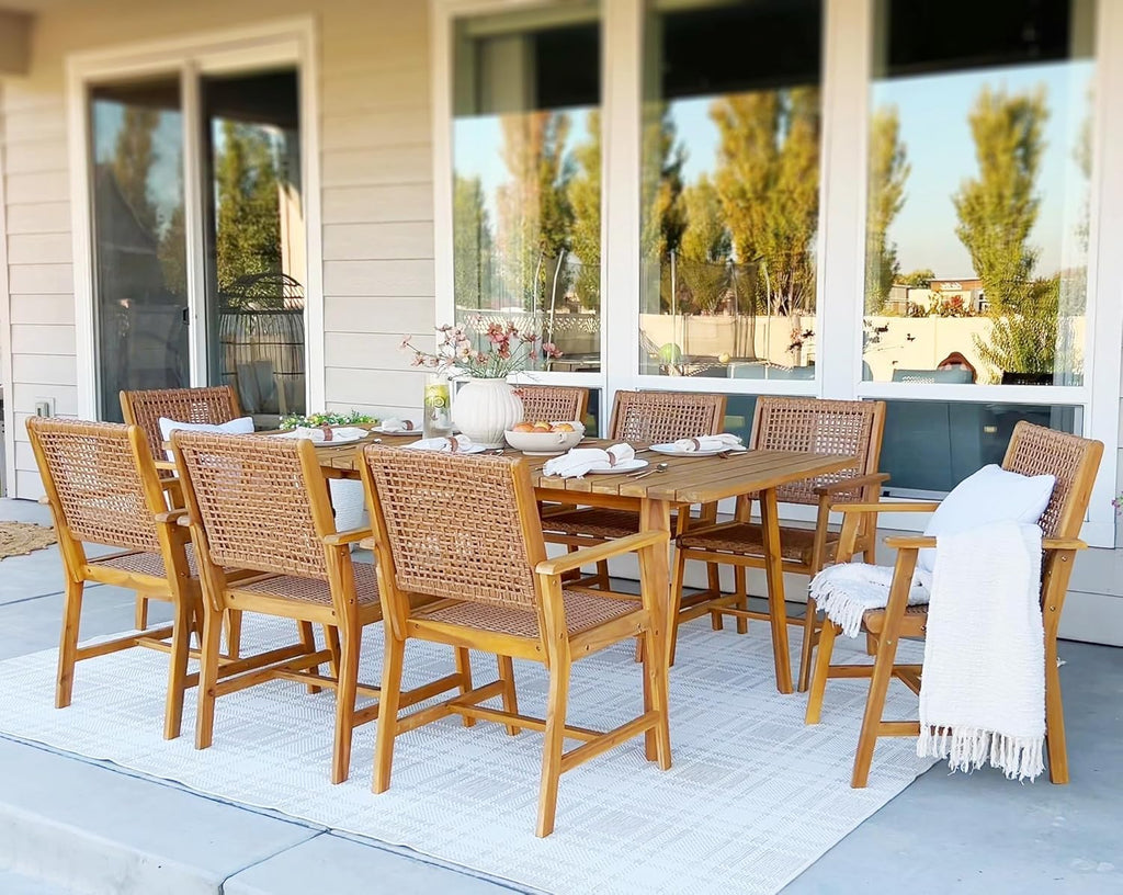 PHI VILLA Patio Dining Chairs, Set of 6, Acacia Wood & Wicker, Wood