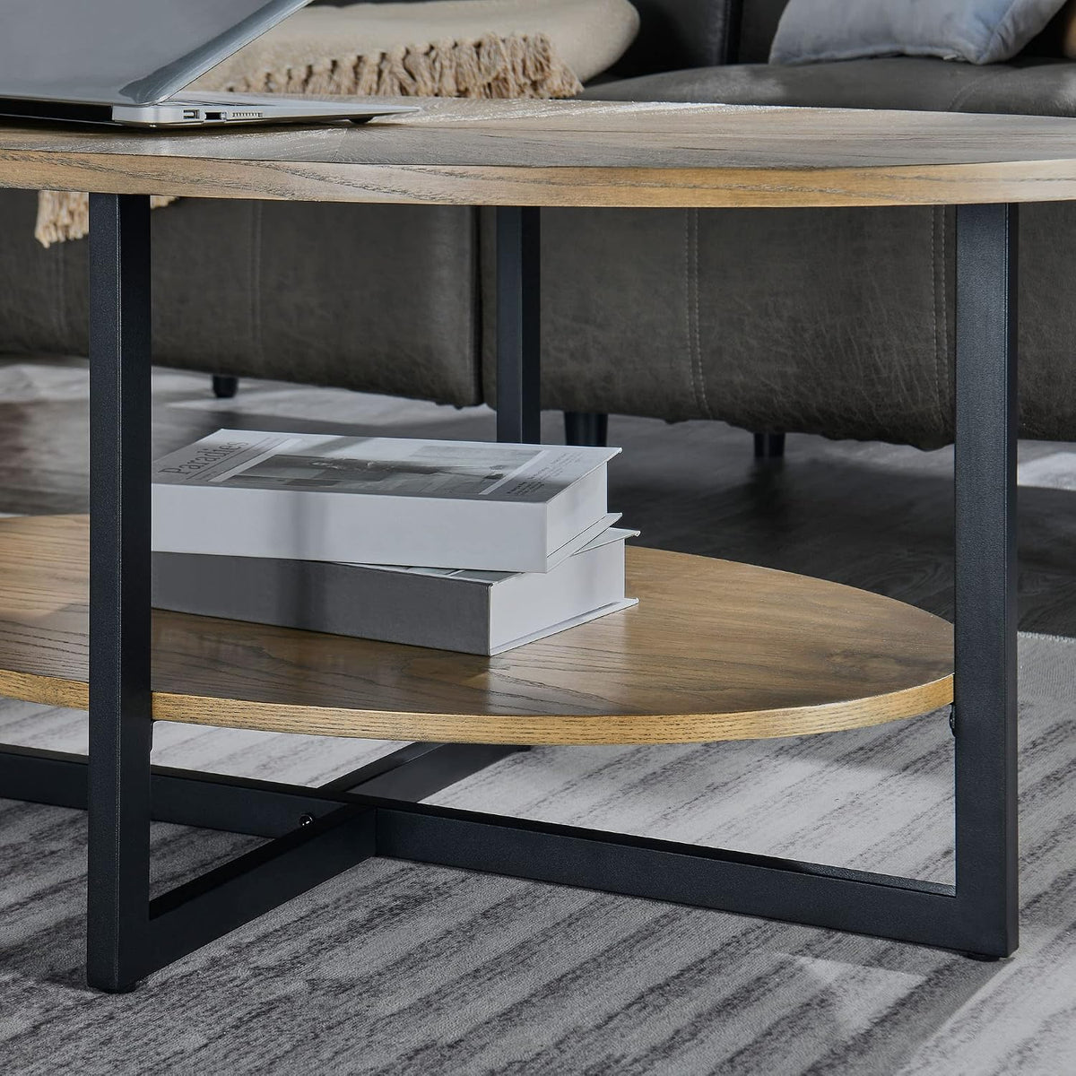 Wood Oval Coffee Table with Storage Shelf, 2-Tier, Rustic Nature