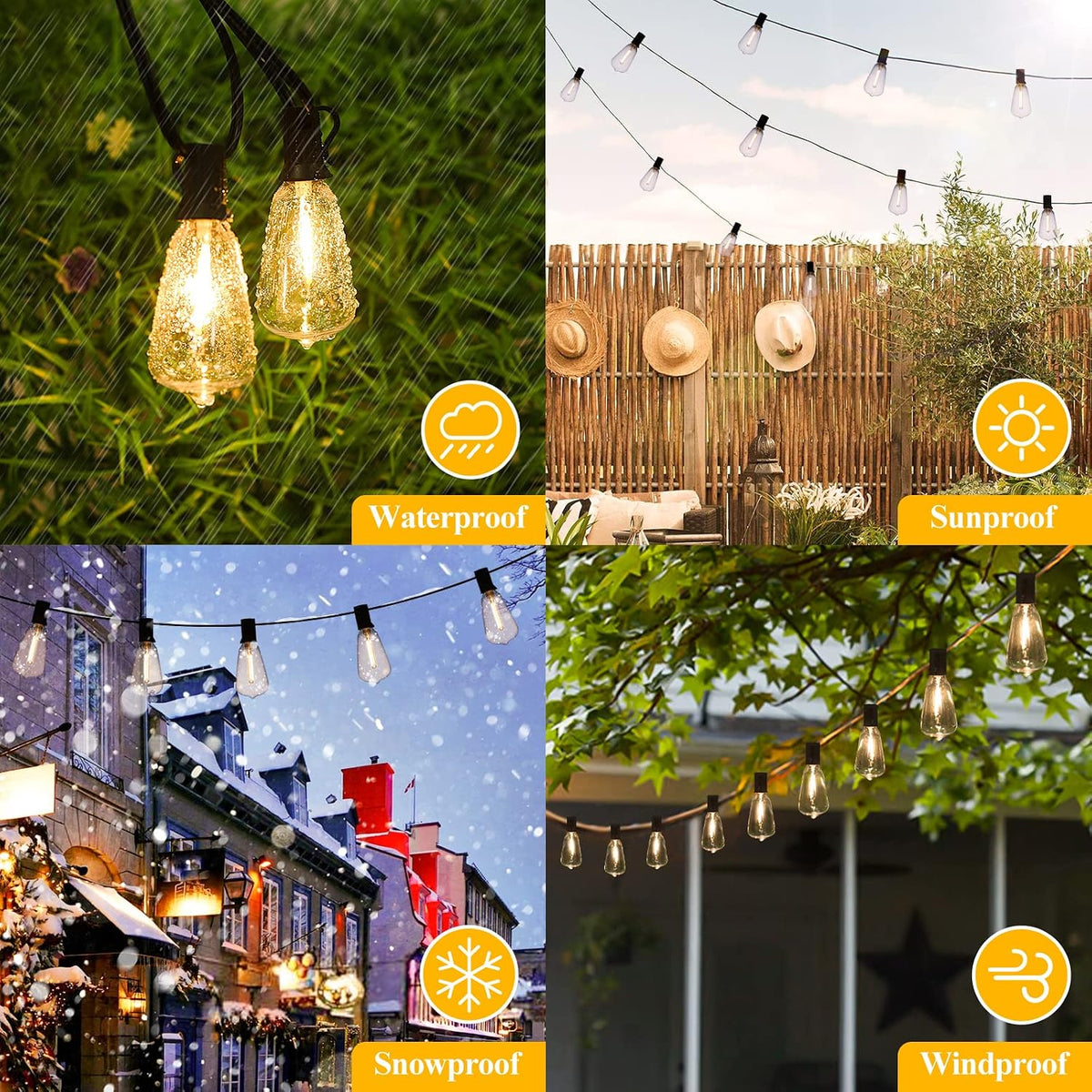 brightever 100ft outdoor string lights 52 bulbs, waterproof showing dimensions