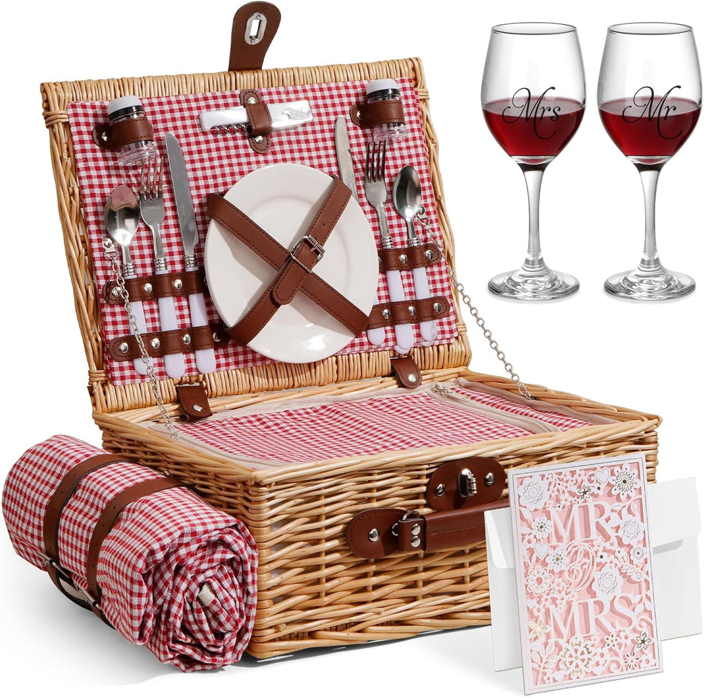 Picnic Basket for 2 with Lid and Handle Waterproof Picnic Blanket