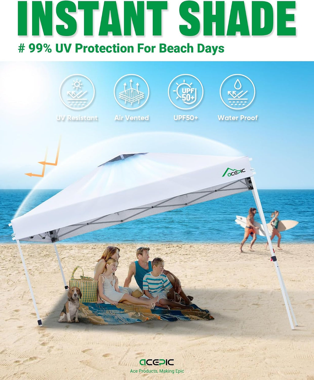 Acepic 8x8 Pop Up Canopy Tent, Vented Top Portable Shelter, White, 8 * 8