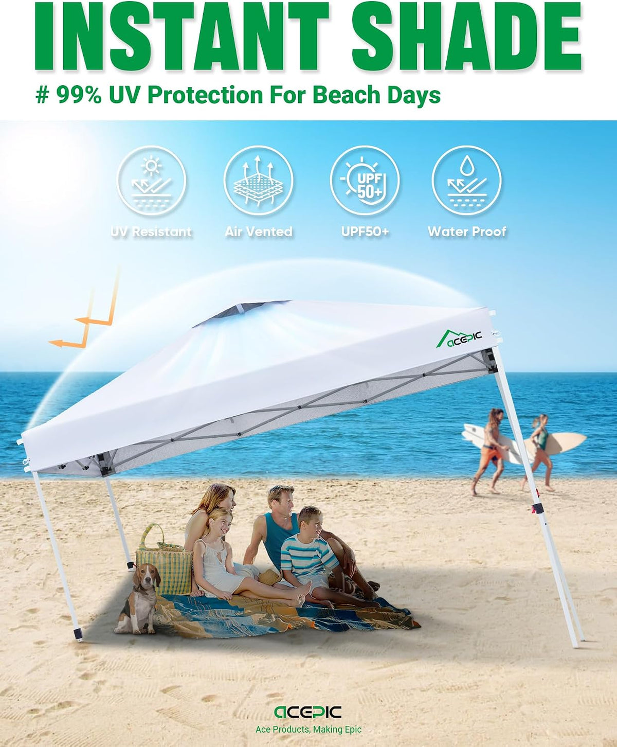 Acepic 8x8 Pop Up Canopy Tent, Vented Top Portable Shelter, White, 8 * 8