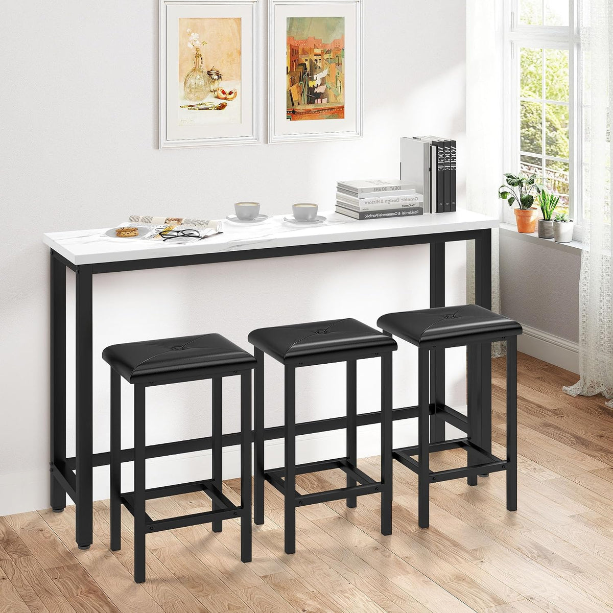 HUGROVE 4-Piece Bar Table and Chairs Set with 3 PU Upholstered Bar Stools, 60.2" Faux Marble Table Top, Modern Counter Height Table for Kitchen, Living Room, Party Room, Small Space, Pub (Black)
