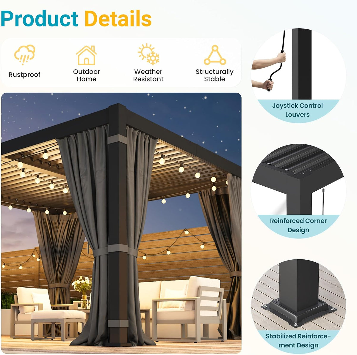 10' x 12' Pergola with Curtain & Adjustable Roof & Aluminum Frame for Patio