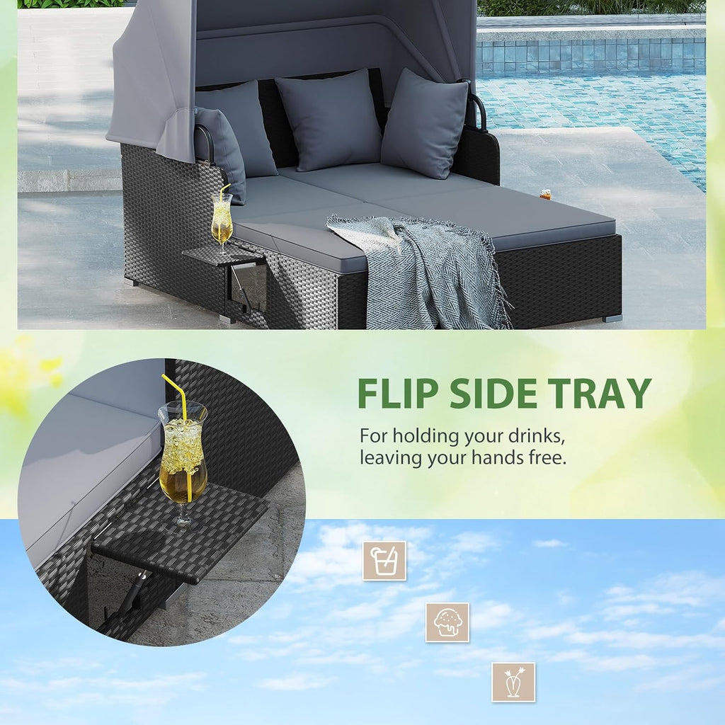 dreamade outdoor daybed with canopy, 2 person rattan, side view
