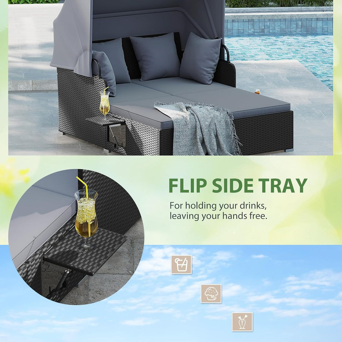 dreamade outdoor daybed with canopy, 2 person rattan, side view