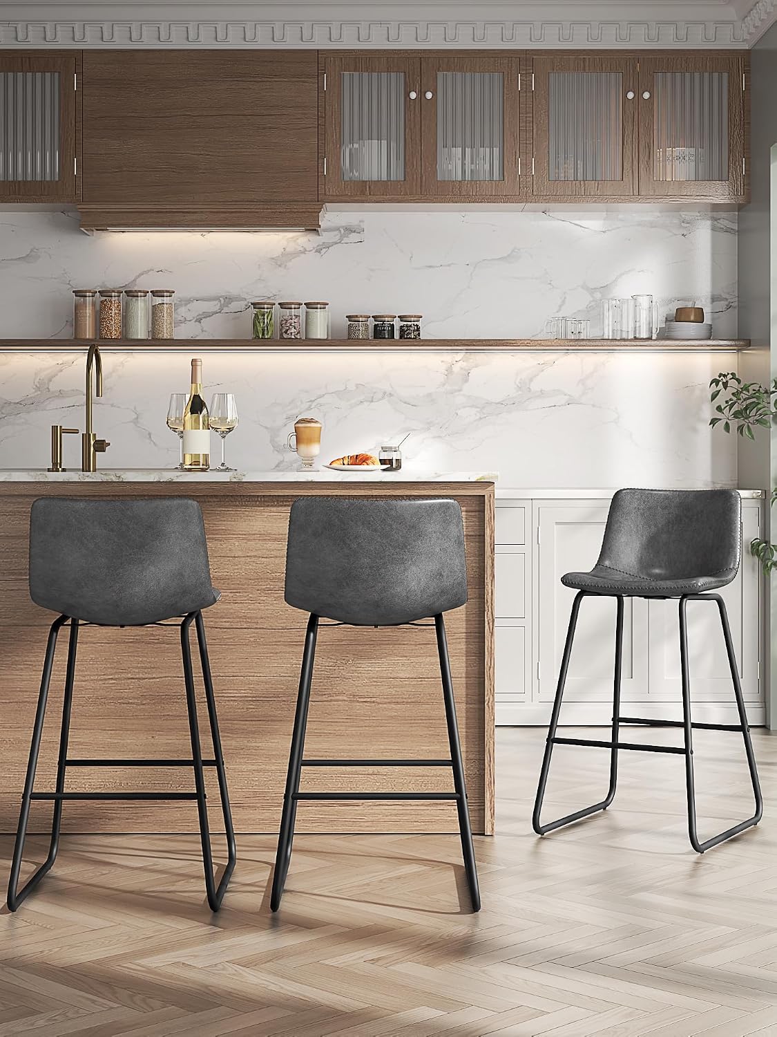 26in Bar Stools Counter Height Chairs Set of 3 Metal Legs (Gray)