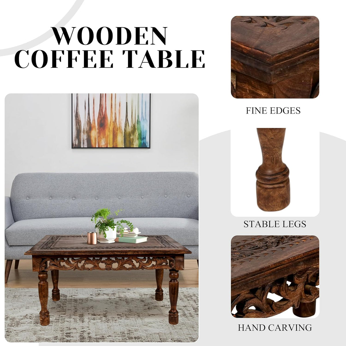 Farmhouse Coffee Table, Jali Carving, 36x24x18 in, Burnt