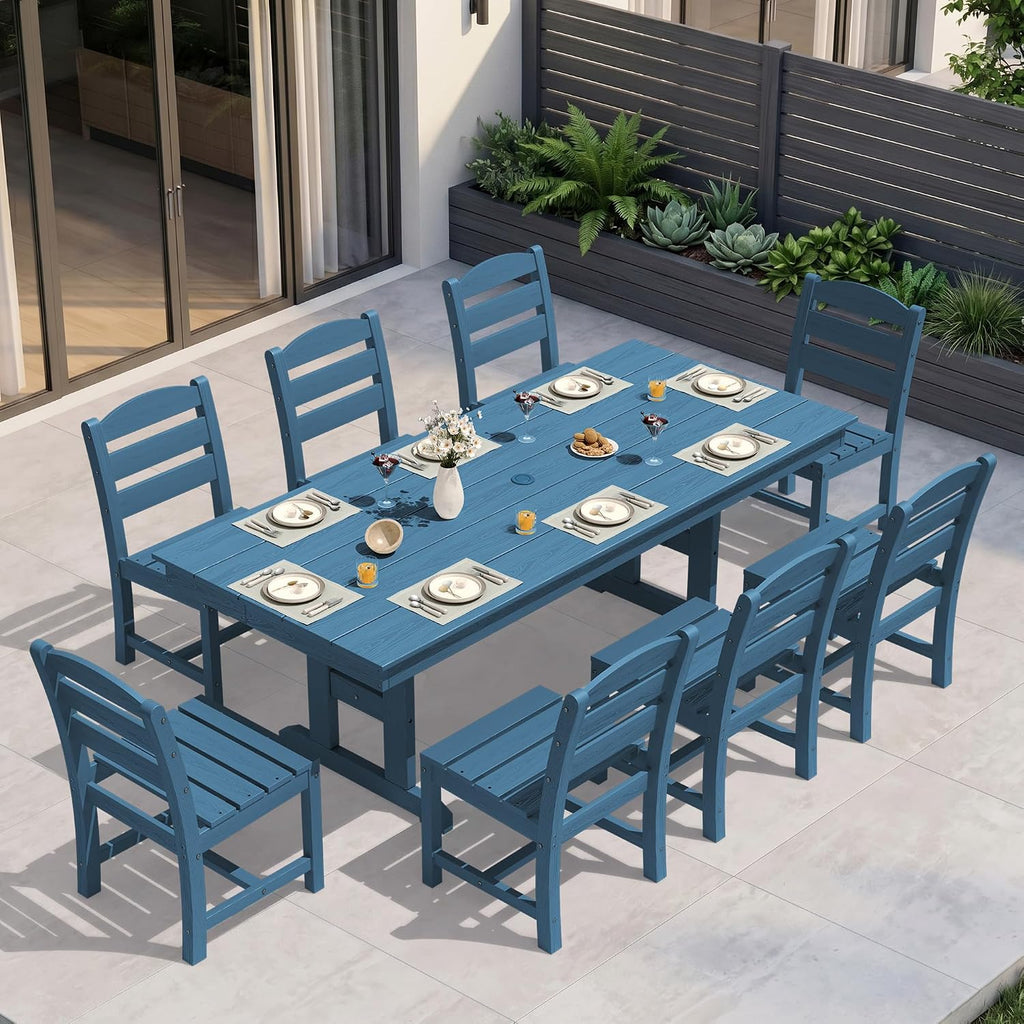 KINGYES Outdoor Dining Set,84'' Table w/Umbrella Hole & Armless Chairs,Blue