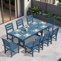 KINGYES Outdoor Dining Set,84'' Table w/Umbrella Hole & Armless Chairs,Blue