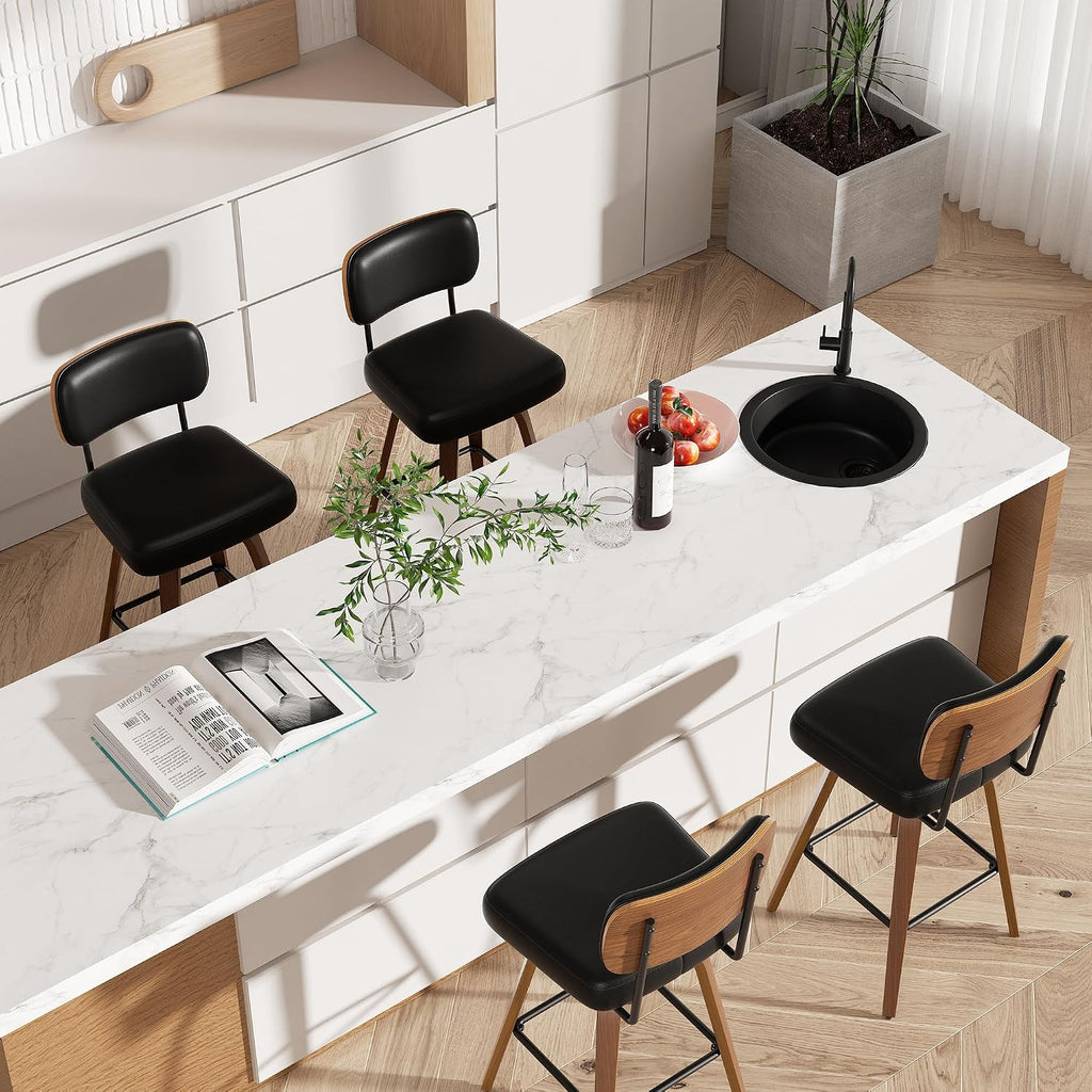 Swivel Bar Stools Set of 4, 26" Upholstered Faux Leather Counter Height Barstools with Walnut Back & Bentwood Legs, Mid Century Modern Bar Chairs Island Stools for Kitchen Counter, Black