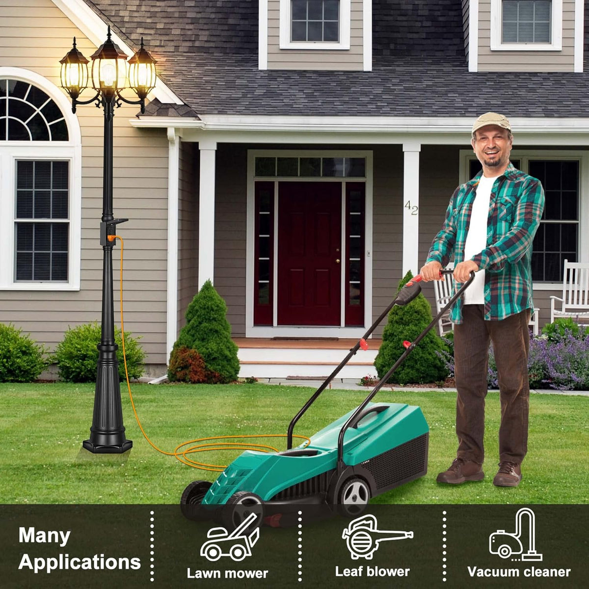 PARTPHONER Outdoor Lamp Post Light with GFCI Outlet, 3-Head Classic Black Light Pole with Glass Panels (3 LED Bulbs Included), Aluminum Waterproof Outside Street Light for Backyard Garden Driveway
