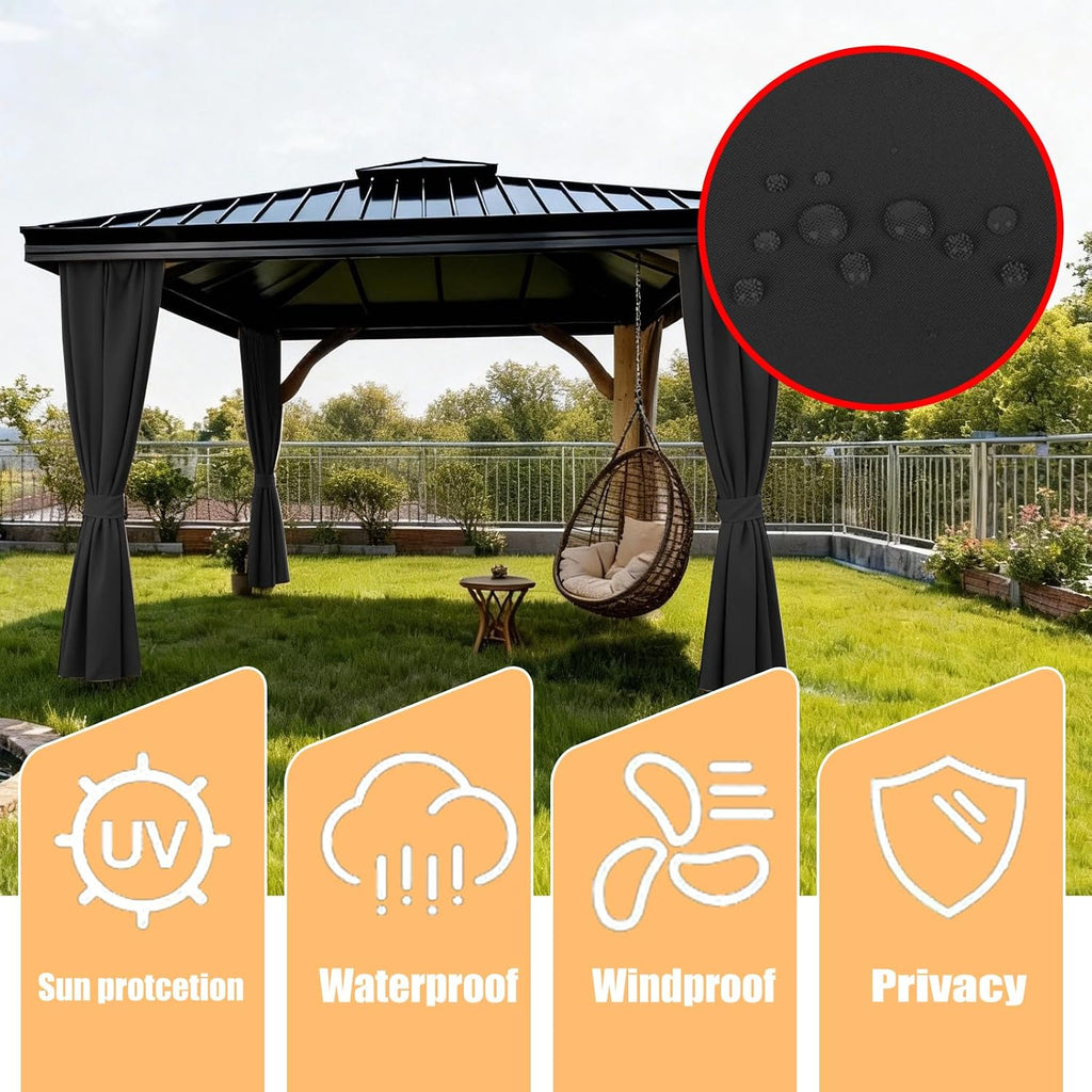Gazebo Curtain Replacement Universal Privacy Curtain 10'X10'-4Panel-Black