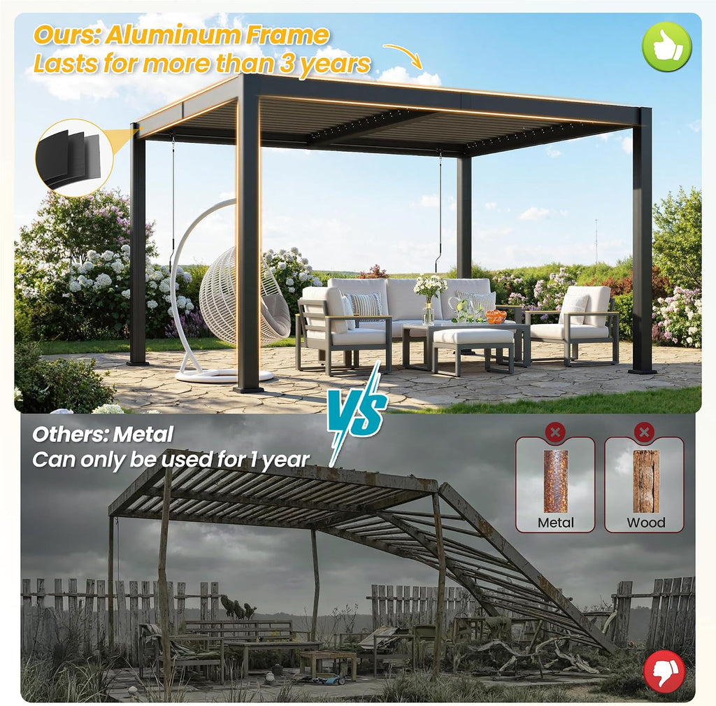 Pergola 10'x12' with Adjustable Roof & Thick Aluminum Frame for All Weather