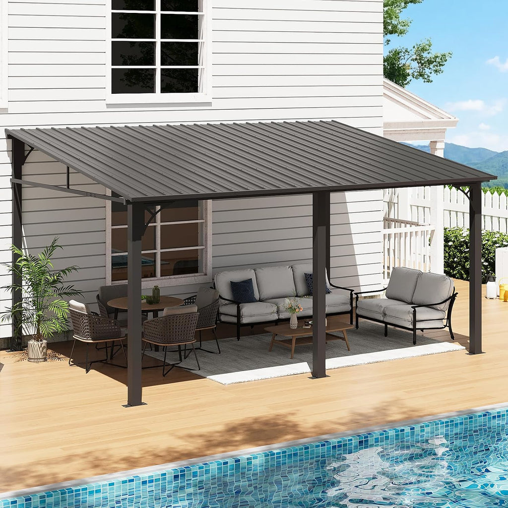 Aoxun 10' x 14' Lean to Gazebo Pergola with Sloping Roof for Patio, Black