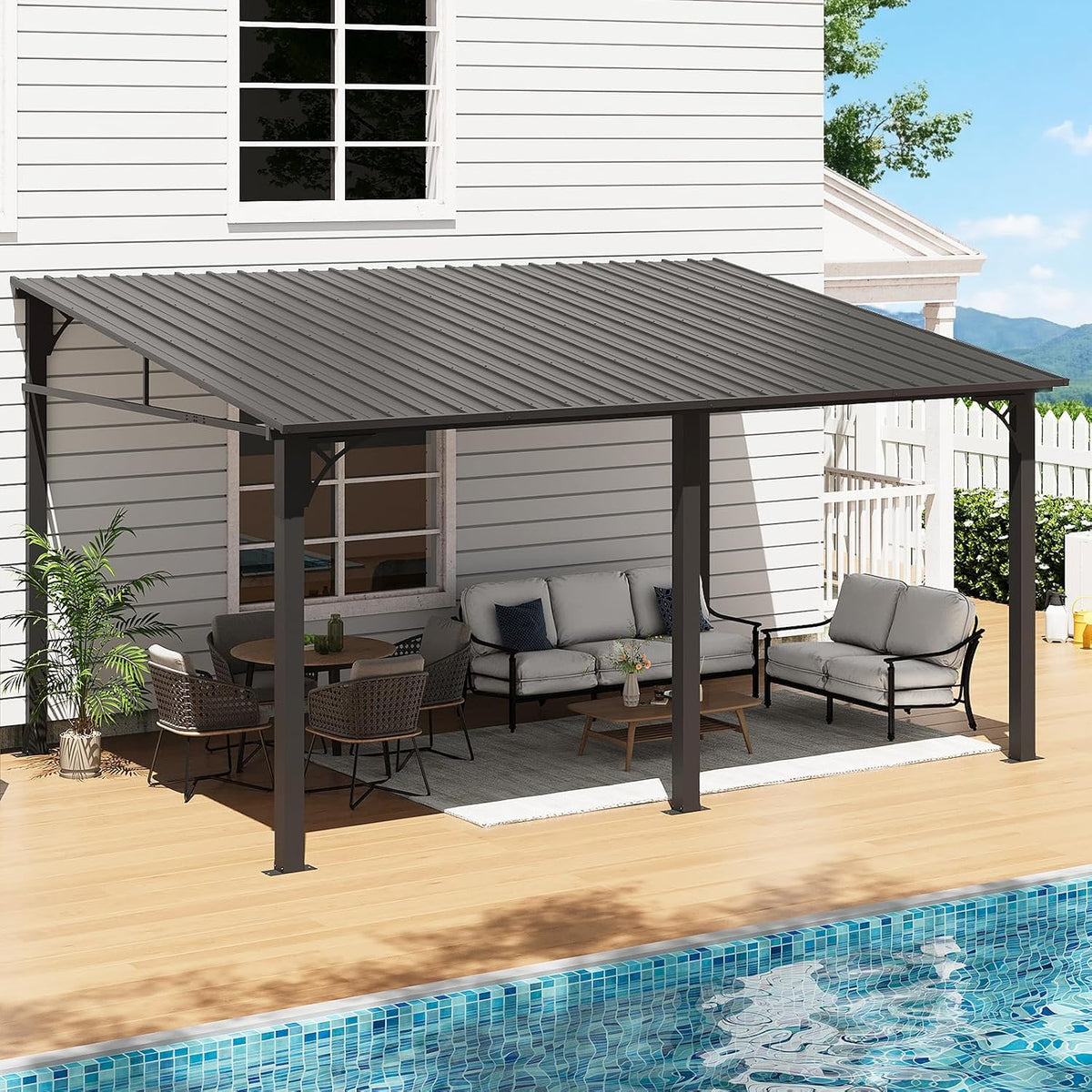 Aoxun 10' x 14' Lean to Gazebo Pergola with Sloping Roof for Patio, Black