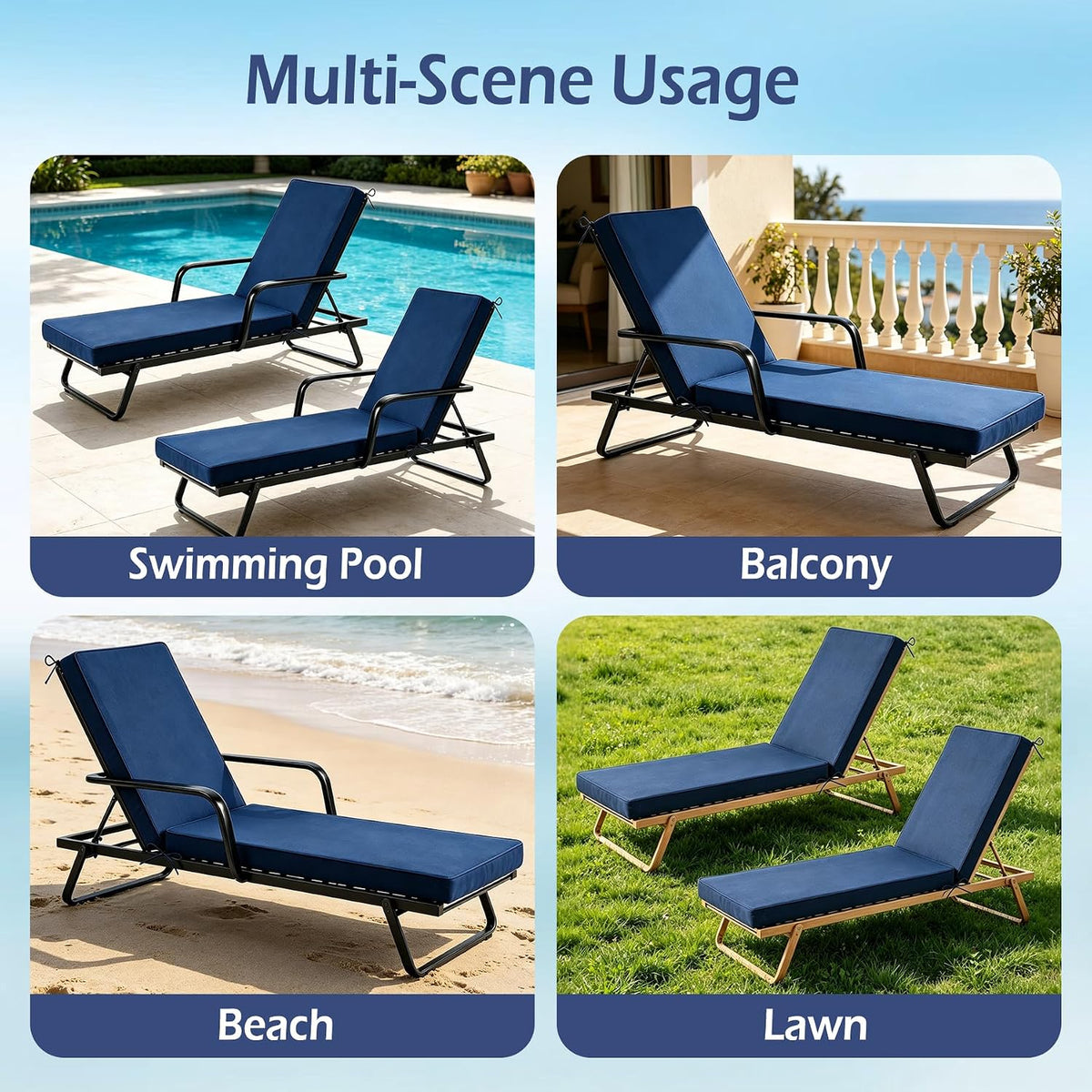 Chaise Lounge Cushions Outdoor Set of 2, 72"x21"x3", Navy Blue