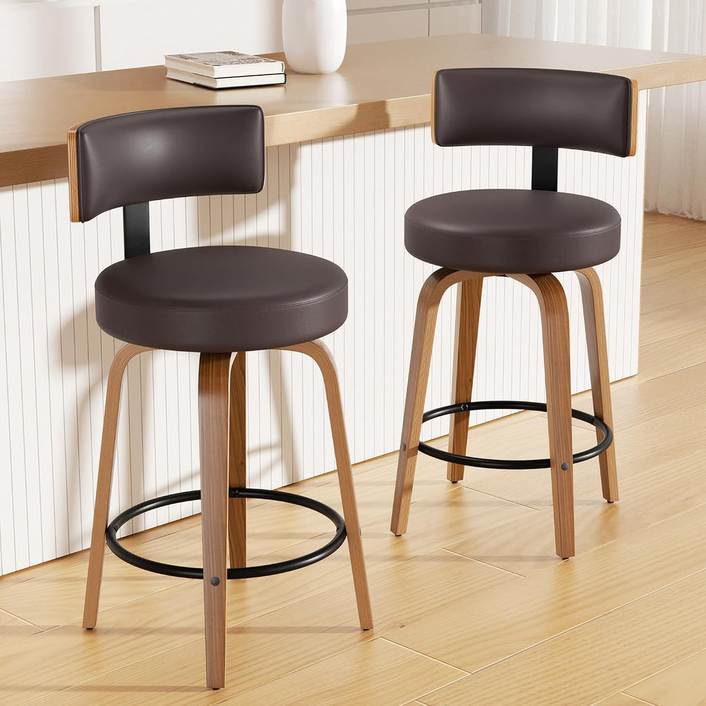 Swivel Bar Stools Set of 3, 26" Faux Leather Upholstered Counter Height Bar Stools with Back and Bentwood Legs, Mid Century Modern Bar Chairs Island Stools for Kitchen Counter, Dark Brown