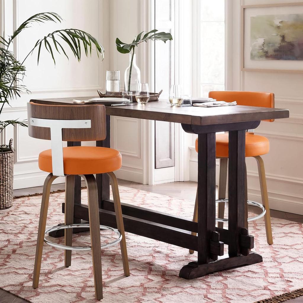 Bekrvio Swivel Counter Height Bar Stools Set of 2, Faux Leather Kitchen Stools Upholstered Barstools with Back, Walnut Wood Legs, Mid Century Island Chairs Counter Stools, 26" Seat Height, Orange